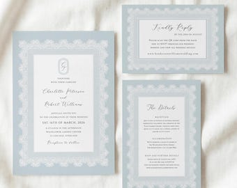 Dusty Blue Lace Wedding Invitation Suite | Canva Printable Templates