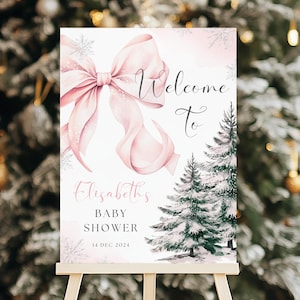 Pink Bow Baby It's Cold Outside Baby Shower Welcome Sign Template Christmas Holiday Snowflake Snowfall Winter Wonderland Entrance Sign