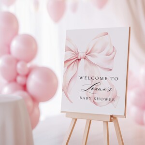 Modernes Blush Pink Schleifen Babyparty Willkommensschild Rosa Kokette Babyparty Eingang Schild Vorlage Rosa Schleife Minimalist 18x24 & 24x36 Canva Bild 5