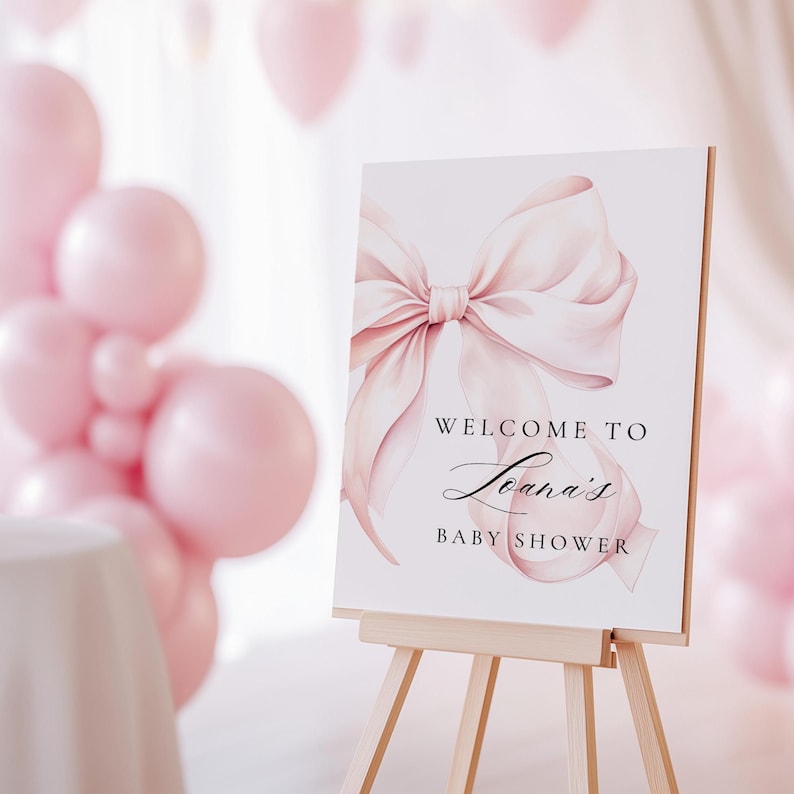 Modernes Blush Pink Schleifen Babyparty Willkommensschild Rosa Kokette Babyparty Eingang Schild Vorlage Rosa Schleife Minimalist 18x24 & 24x36 Canva Bild 5
