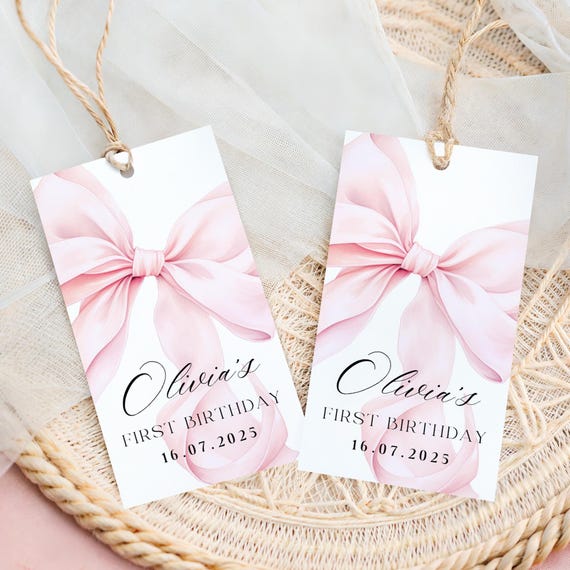 Pink Bow 1st Birthday Gift Tag Template Coquette Bows Girl First Birthday Favor Tag Elegant Pink Ribbon Thank You Tag 2x3.5 Canva Printable