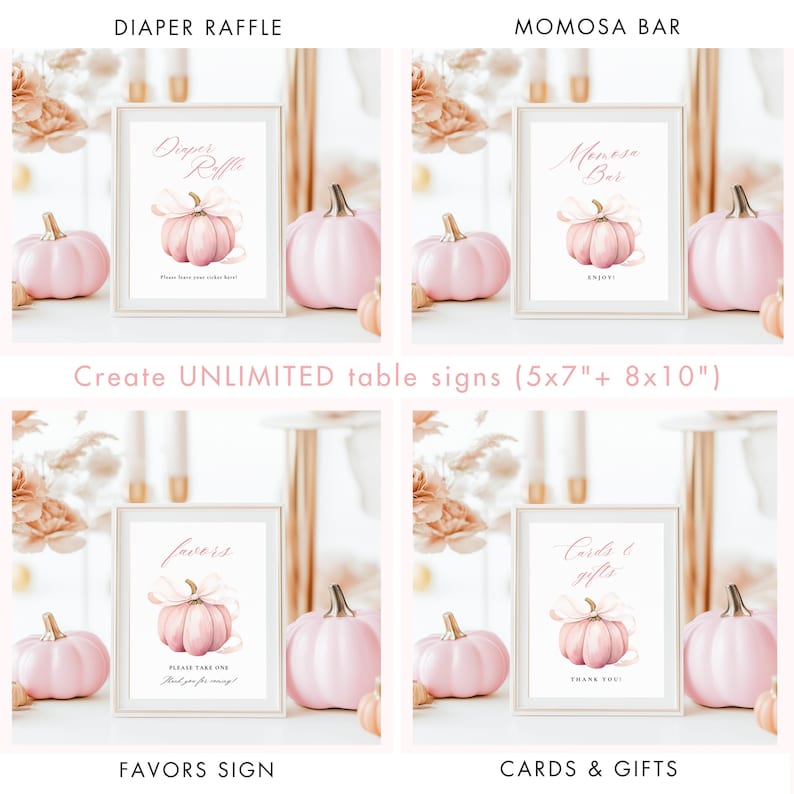 PACCHETTO Little Pumpkin is On The Way Set per Baby Shower Invito per Bambina con Fiocco Rosa Cartello di Benvenuto Autunnale Invito Digitale 10x Gioco Pacchetto Zucca Rosa immagine 4
