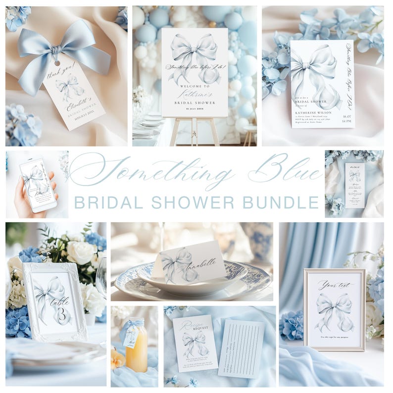 May include: A bridal shower bundle with a blue and white color scheme. The bundle includes a welcome sign, invitations, table numbers, place cards, a favor tag, and a game card. The design features a watercolor illustration of a blue bow.