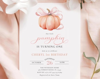 Orange Pumpkin First Birthday Invitation Pink Bow 1st Birthday Invitation Template Watercolor Fall Theme Invite Pretty Autumn Pumpkin Canva