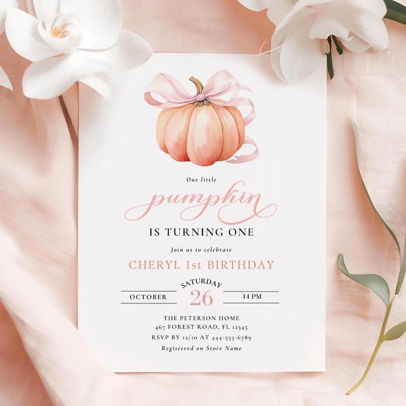Orange Pumpkin First Birthday Invitation Pink Bow 1st Birthday Invitation Template Watercolor Fall Theme Invite Pretty Autumn Pumpkin Canva image 1