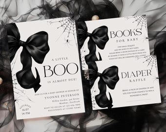 May include: Cream-coloured baby shower invitations with a gothic theme. The cards feature black bows, spiderwebs, and the text "A Little Boo is Almost Due!". Details for the event are also included on the invitations.