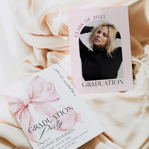 May include: A pink and white graduation party invitation with a large pink bow and the text "Graduation Party" in black script. The invitation includes the graduate's name, date, time, location, and RSVP information.