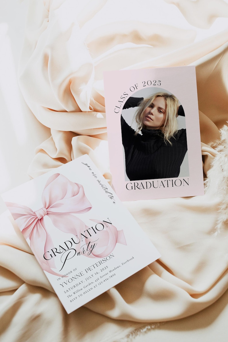 May include: A pink and white graduation party invitation with a large pink bow and the text "Graduation Party" in black script. The invitation includes the graduate's name, date, time, location, and RSVP information.