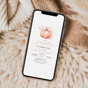 Orange Pumpkin First Birthday Invitation Pink Bow 1st Birthday Invitation Template Watercolor Fall Theme Invite Pretty Autumn Pumpkin Canva image 5