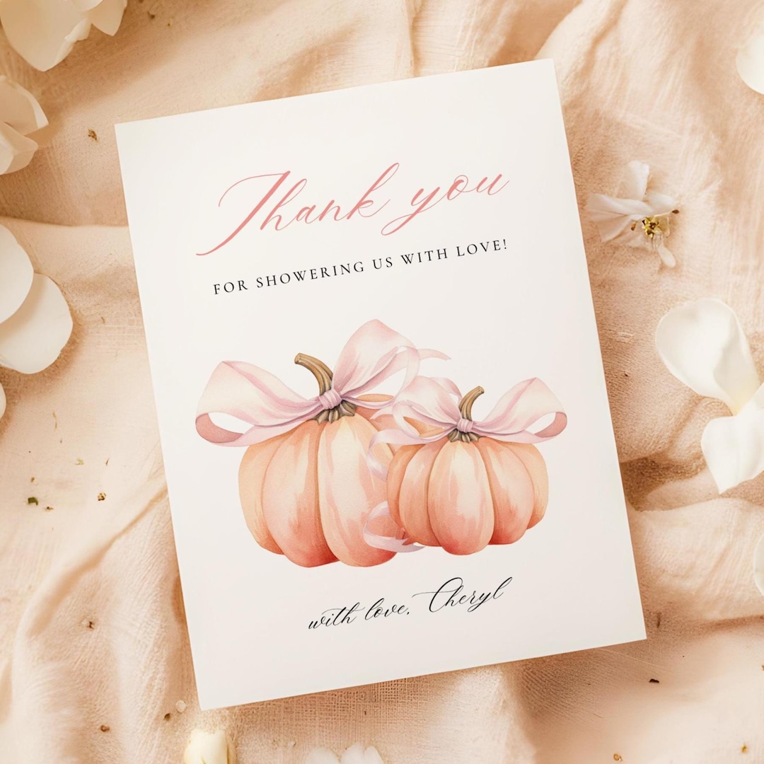 Pumpkin Pink Bow Baby Shower Thank You Card Template Baby Girl Shower ...