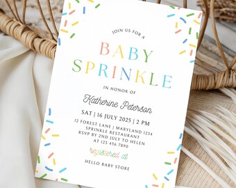 Baby Boy Sprinkle Invitation Template Editable Minimal Baby Shower Invite for Boys Blue Rainbow Colorful Sprinkles Theme Digital Download
