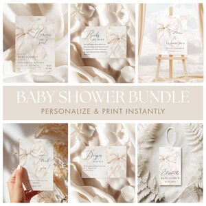 White Bow Heaven Sent Baby Shower Invitation Template Gender Neutral Piece of Heaven Baby Shower Invite Printable Ivory Beige Clouds Canva image 7