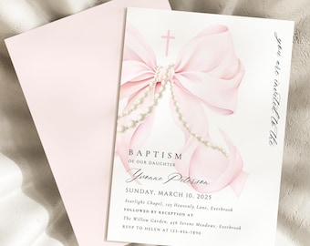 May include: A baptism invitation with a pink bow and pearl accents. The invitation includes the text "Baptism of our daughter" and event details. A matching pink envelope is included.