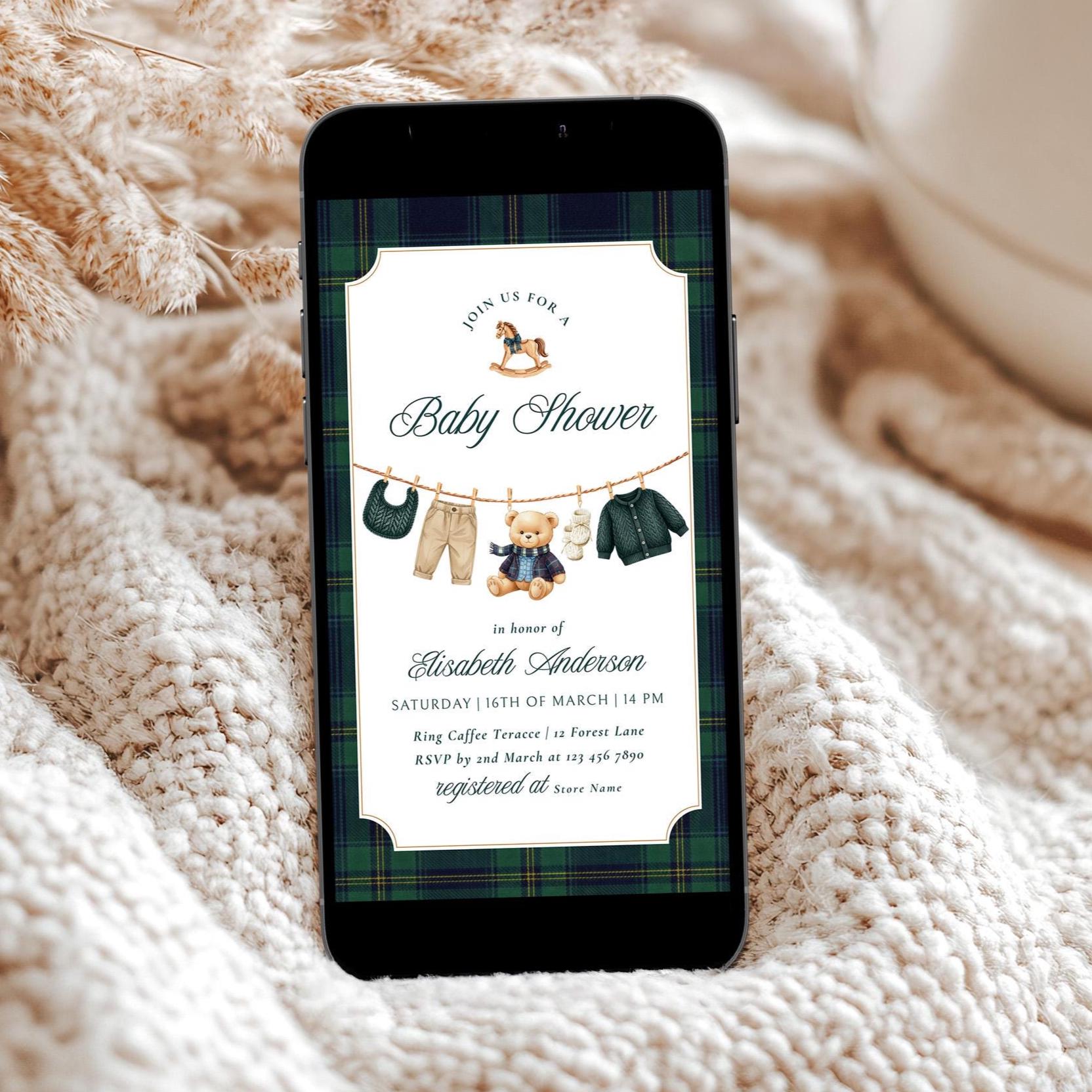 Polo Teddy Bear Baby Shower Digital Invitation Template | Green Tartan ...