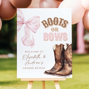Plantilla de cartel de bienvenida para revelación de género: ¿Botas o Lazos? / Póster de bienvenida editable con temática del oeste en rosa y marrón, imprimible en Canva, estética coqueta
