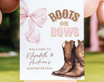 Boots or Bows Gender Reveal Welcome Sign Template | Pink and Brown Western Theme Editable Welcome Poster Canva Printable Coquette Aesthetic