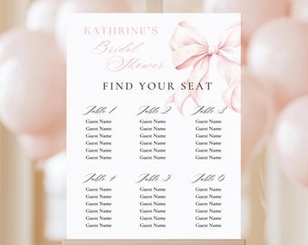 May include: A printable bridal shower seating chart with a pink bow and the text "KATHRINE'S Bridal Shower Find Your Seat" at the top. The chart is divided into six tables, each with space for six guest names.