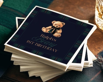Preppy Luxury - Bear Theme Napkin Design Template | Fashion Polo Inspired Tartan Pattern Napkin