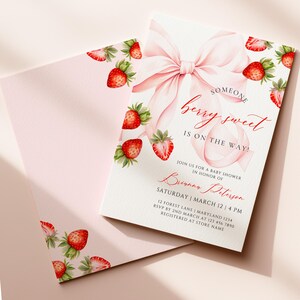 Strawberry Baby Shower Invitation Template Someone Berry Sweet is on the Way Coquette Baby Girl Ribbon Pink Bow Invitation Canva Editable image 3