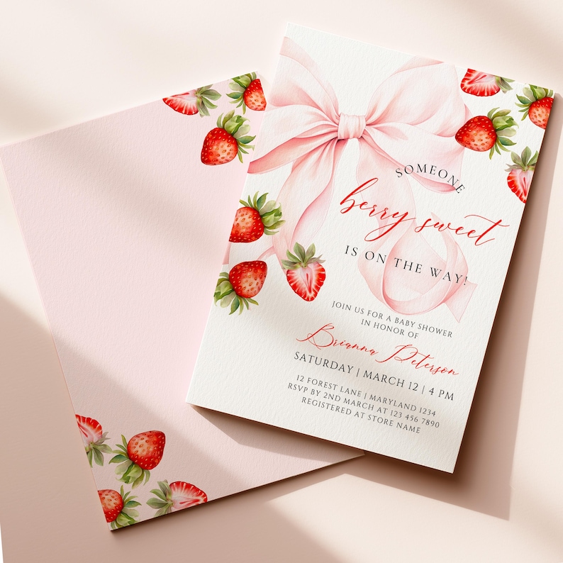 Strawberry Baby Shower Invitation Template Someone Berry Sweet is on the Way Coquette Baby Girl Ribbon Pink Bow Invitation Canva Editable image 3