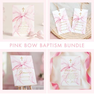 Roze strik doopbundel elegante coquette babymeisje doop lint strik uitnodiging welkomstbord gunst tag bedankkaart canva afdrukbare