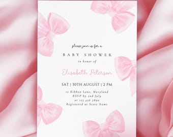 Mall för babyshower med rosa rosett Mall för babyshower för flicka Canva Elegant rosa kokett babyshowerinbjudan Direktnedladdning