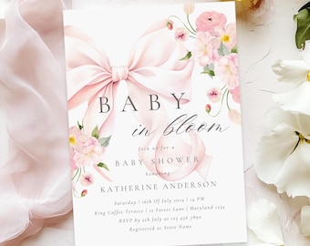 Pink Bow Baby in Bloom Baby Shower Invitation Template Elegant Floral Design Coquette Baby Girl Pink Ribbon Printable Canva Invite Template