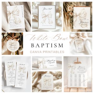 May include: Printable set of white bow baptism decorations with a watercolour design. The set includes a welcome sign, a thank you tag, a menu, a seating chart, and a sign for cupcakes. The text on the signs reads "Welcome to Yvonne's Baptism", "Thank you", "Menu", "Yvonne's Baptism Find Your Seat", and "Strawberry Cupcakes".