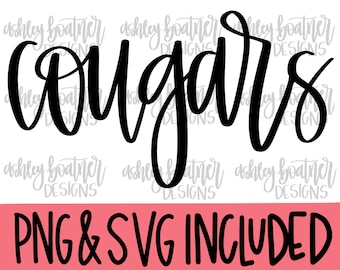 Cougars Mascot Hand Lettered Design PNG SVG | Football | Mascot SVG Digital Download