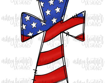 American Flag Cross | 4th of July Sublimation Design | Patriotic PNG | God Bless America | Hand Drawn Digital Download