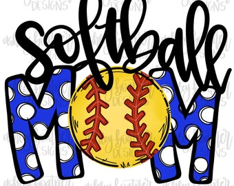 Design de sublimação da mãe do softball | PNG desenhado à mão | Download Digital | Arte Digital | Esportes PNG | Mamãe do softbol | Azul e branco