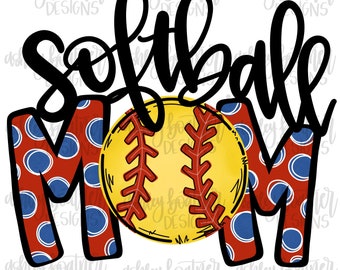 Design de sublimação da mãe do softball | PNG desenhado à mão | Download digital | Arte Digital | Esportes PNG | Mamãe do softbol | Vermelho e azul