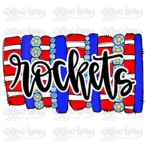 May include: A digital design featuring the word "rockets" in black script over a background of red and white striped and blue vertical shapes. The design includes star and bead accents, with a white background.