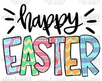 May include: Happy Easter text in black with a colorful patterned Easter egg design. The letters are outlined in black.