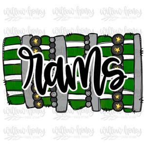 May include: A digital design featuring the word "Rams" in a bold, black script. The word is superimposed over a design of green and gray stripes, accented with star-shaped embellishments and decorative elements.