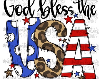 4th of July Sublimation Design | God Bless the USA | Patriotic Hand Drawn Digital Download | God Bless America