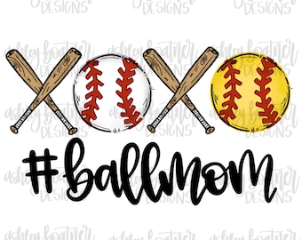 Softball and Baseball Ball Mom Sublimation Design | XOXO | Hand Drawn PNG | Digital Download | Digital Artwork | Sports PNG | Tee-Ball