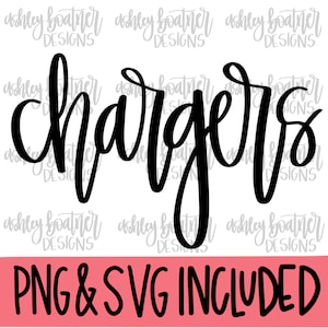 Peut inclure: Texte manuscrit noir et blanc qui dit "chargers" avec les mots "PNG & SVG INCLUDED" en noir sur fond rose.