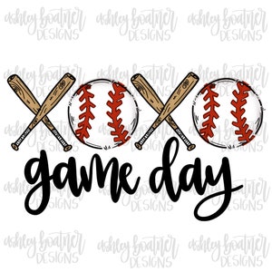 May include: Two crossed baseball bats with two baseballs and the text "XOXO game day" in black cursive font.