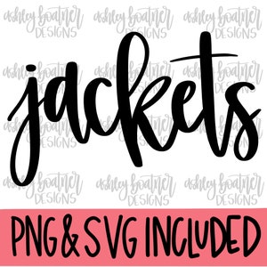 May include: Black and white graphic text that reads "jackets" with the words "PNG & SVG INCLUDED" below.