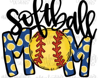 Design de sublimação da mãe do softball | PNG desenhado à mão | Download Digital | Arte Digital | Esportes PNG | Mamãe do softbol | Azul e amarelo