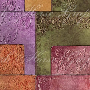 Könnte beinhalten: Ein Set aus sechs digitalen Papiertexturen in verschiedenen Schattierungen von Lila, Grün, Braun und Rot. Die Papiere haben einen abgenutzten, Vintage-Look mit komplizierten Blumenmustern. Die Papiere sind mit "Cherish Horse Graphics" beschriftet.