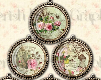 May include: Six round, gold-toned metal picture frames with glass fronts. Each frame features a different vintage floral design with pink roses, birds, and text in French.