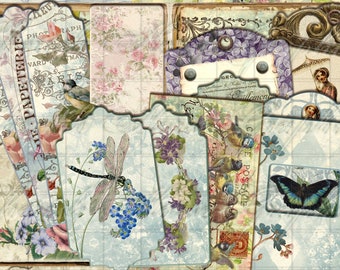 Peut inclure: Un collage numérique d'images de style vintage, comprenant des motifs floraux, des oiseaux, des papillons et une libellule. Le collage est conçu pour être utilisé dans le scrapbooking numérique ou les embellissements de journal. Le texte "Happy Mother's Day Journal Add-on Kit" est inclus dans l'image.
