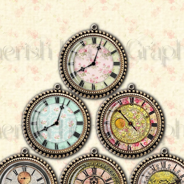1, 1.5, 2 Inch Circles - Shabby Chic Clockfaces - instant download printable digital pages - gift tag, journal, jewelry, embellishment