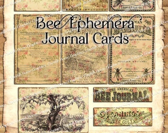 May include: Vintage beekeeping journal cards with illustrations of bees, flowers, and text. The cards feature titles like "The American Bee Journal" and "Gleanings in Bee Culture".