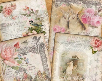 Shabby Ephemera Journal Papers #2 Birds and Bunnies  - 8.5"x11" - instant download digital printable