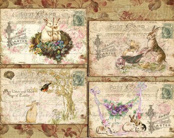 Victorian Easter Bunny Postcards Set of 4 - instant download digital collage