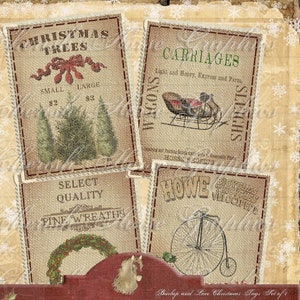 Tela e pizzo Diario di Natale Tag Set di 4 - download istantaneo di pagine digitali stampabili - vecchio stile sacco di tela