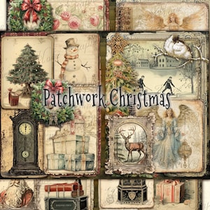 Op de afbeelding: Een digitale collage van vintage kerstafbeeldingen, waaronder een sneeuwpop, een hert, een kerstboom, cadeaus en engelen. De collage heeft de titel "Patchwork Christmas".